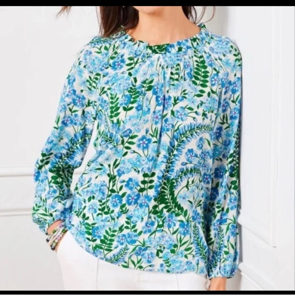 Talbots Plus Blue Green Floral Smocked-Neck Long Sleeve 1X Top Blouse